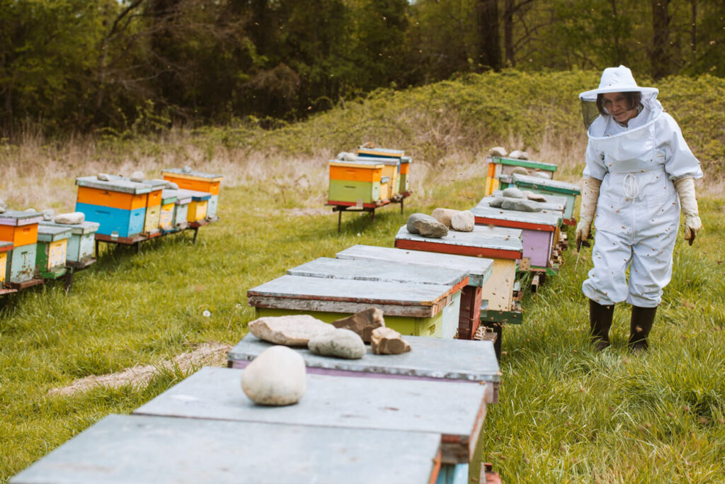 Imker Carmen in een wit imkerpak en rubberen laarzen staat in de weide naast haar bijenkorven